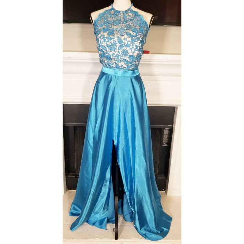 Ocean Blue TwoPiece Halter Satin Dress - Size 16W