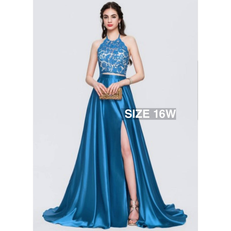 Ocean Blue TwoPiece Halter Satin Dress - Size 16W