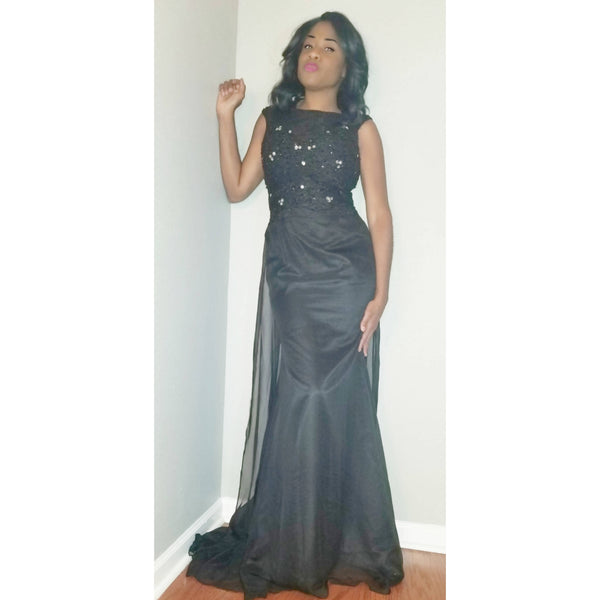 Black Embellished Gown with Train - Size 8