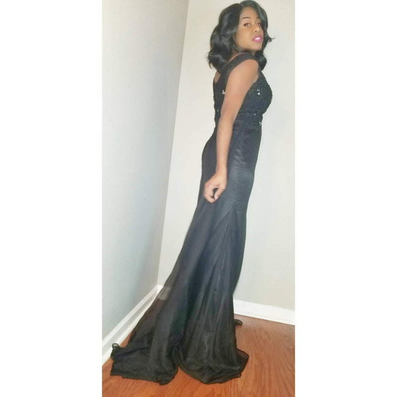 Black Embellished Gown with Train - Size 8